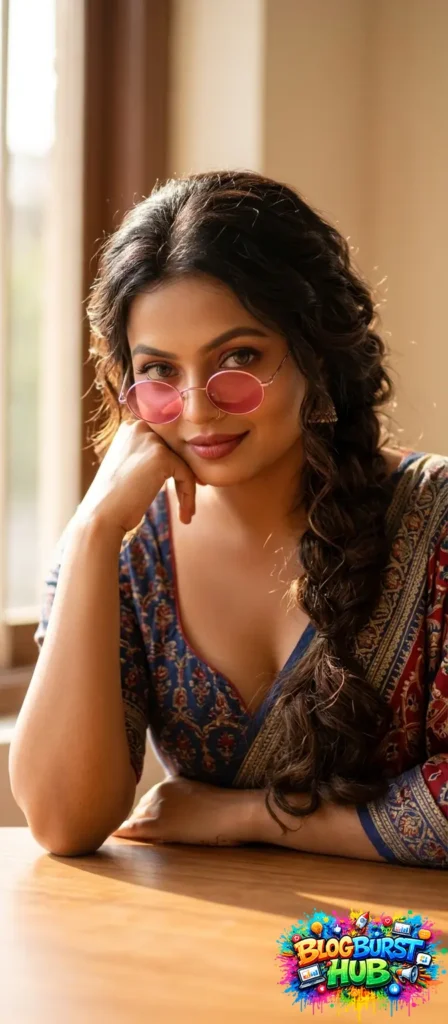 Woman wearing pink sunglasses and a patterned dress indoors near a window