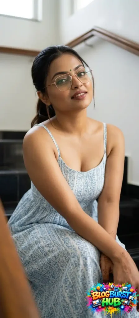 Woman wearing a light blue printed dress and glasses sitting indoors
