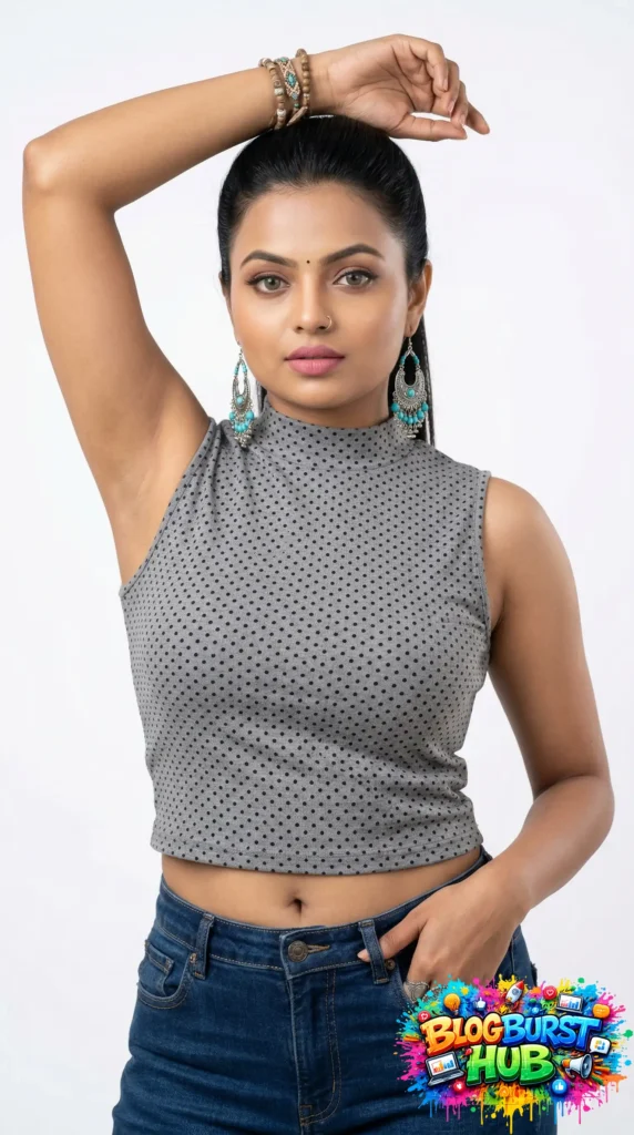 Woman in a grey sleeveless crop top and jeans posing in a studio
