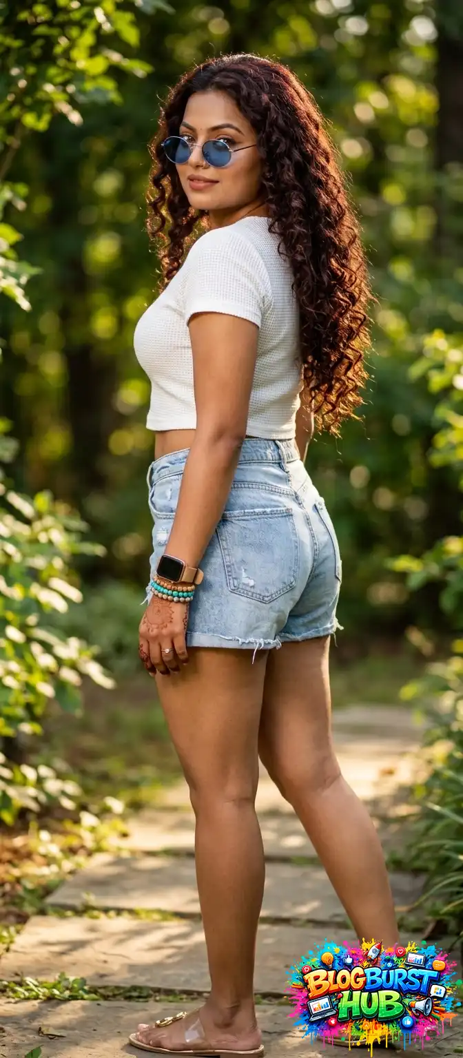 Woman wearing a white crop top and denim shorts walking outdoors on a sunny path
