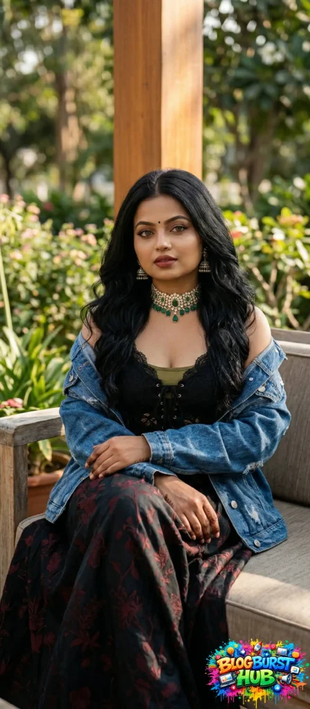 Woman sitting outdoors wearing a denim jacket over a black dress with traditional jewelry