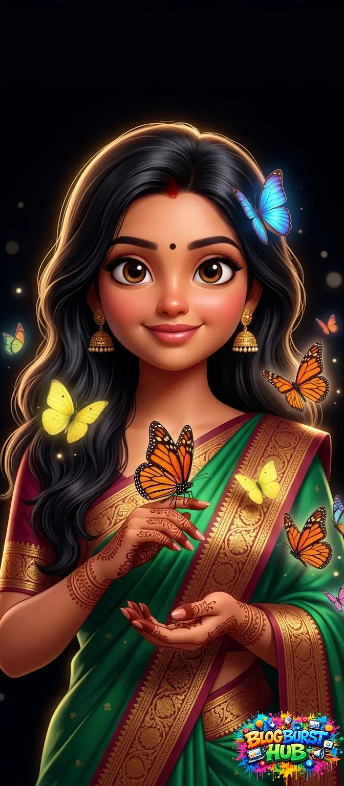 3D cartoon style girl in saree with butterflies glowing around her