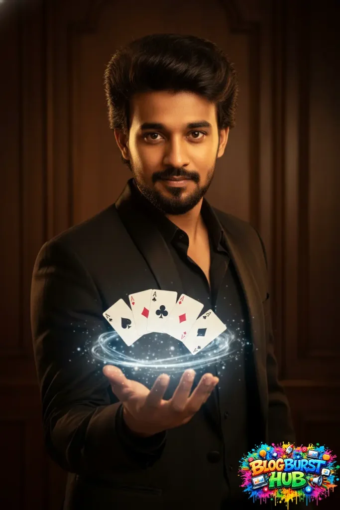 magician holding glowing floating playing cards with magical energy swirl