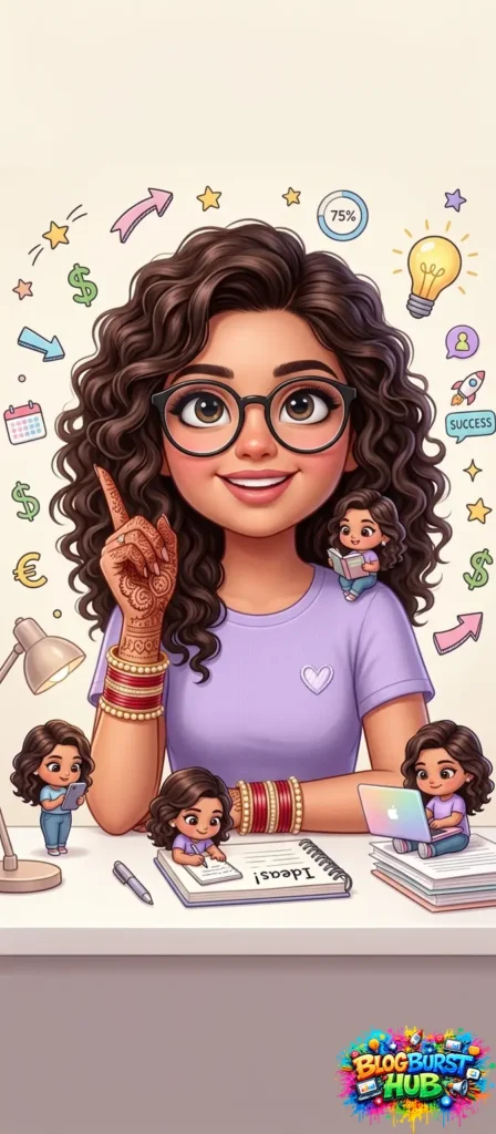 AI-generated cartoon girl with glasses, curly hair, creative icons and 3D illustration style
