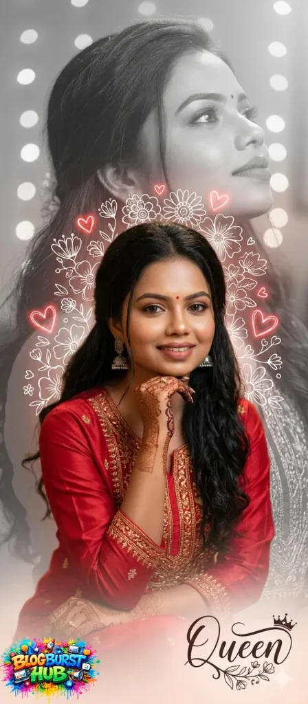 cinematic portrait with soft bokeh background and elegant woman in traditional outfit