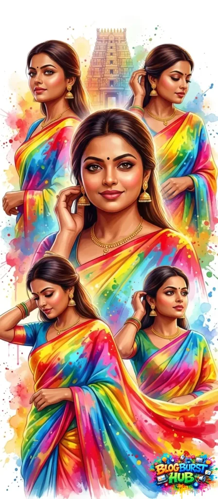 AI generated colorful saree portrait with artistic splash background and traditional style