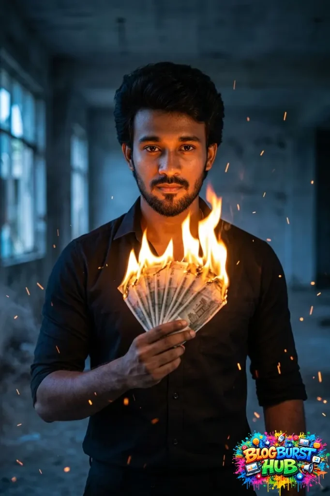 man holding burning money with flames and sparks in a dramatic scene