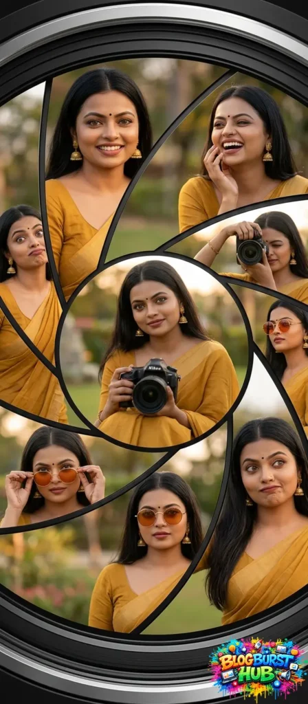 woman portrait in mustard saree inside camera lens frame effect with multiple expressions