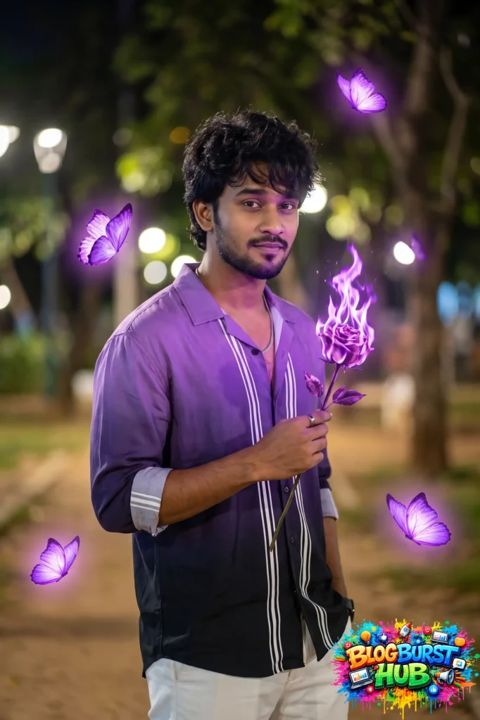 man holding a glowing purple flame rose with magical butterflies flying around in a night park