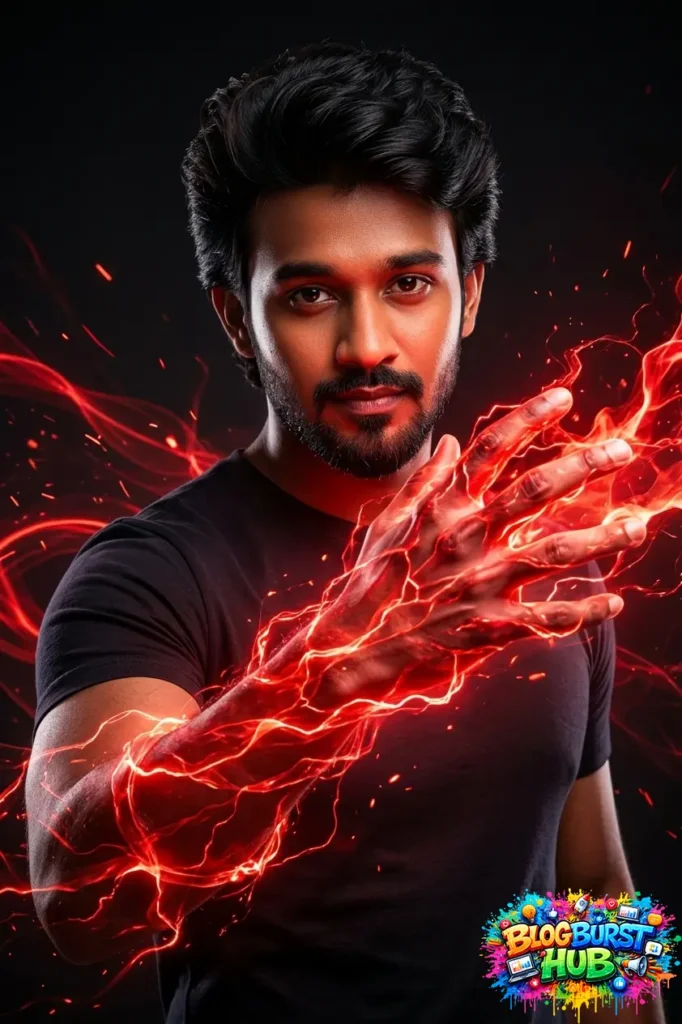 man with glowing red lightning energy flowing through his arm creating a powerful effect