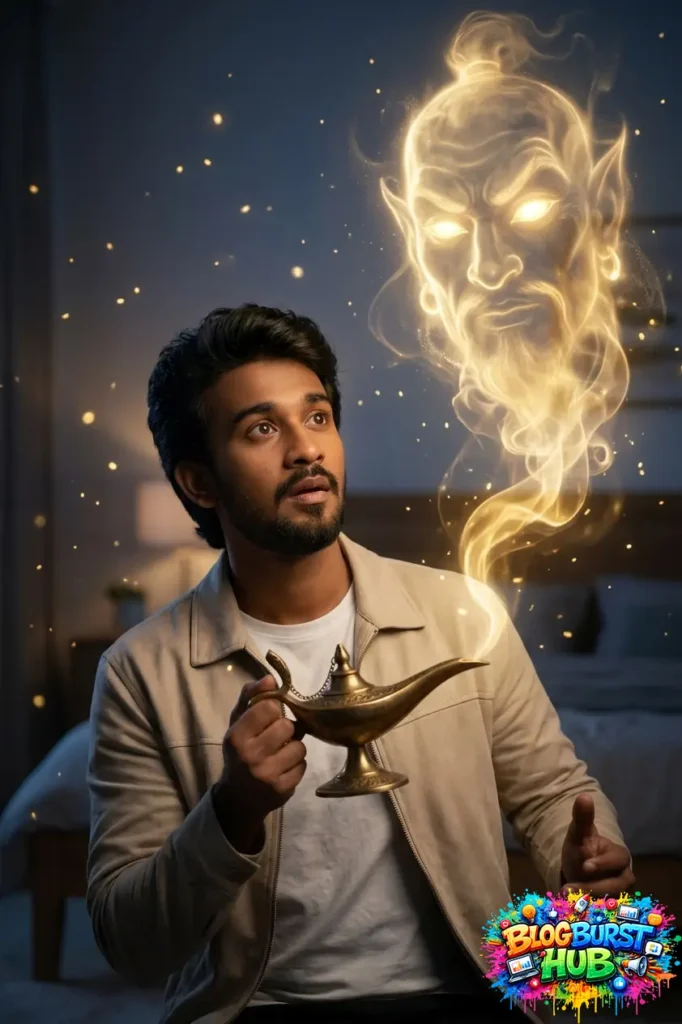 man holding a magical lamp with a glowing genie spirit emerging from it