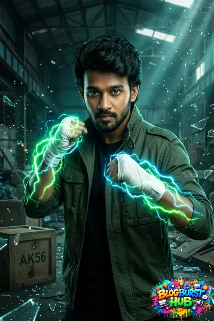 man in fighting stance with green electric energy surrounding his fists