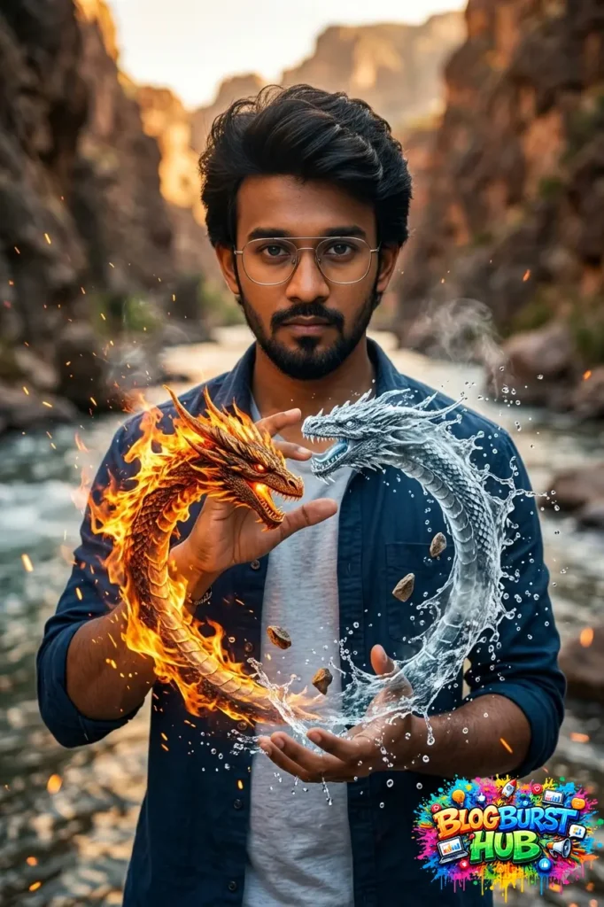 man holding a circular energy of fire and water forming a yin yang symbol