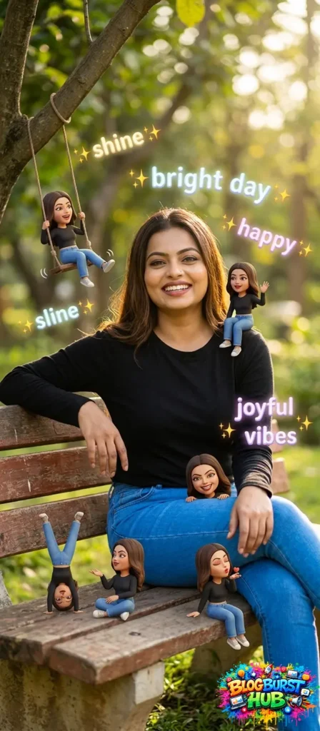 AI photo with miniature tiny characters sitting and playing around woman on bench