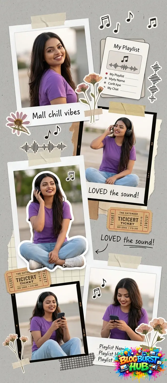 scrapbook style photo collage with stickers music icons and aesthetic layout