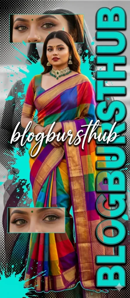 fashion portrait in saree with modern graphic design and blogbursthub text