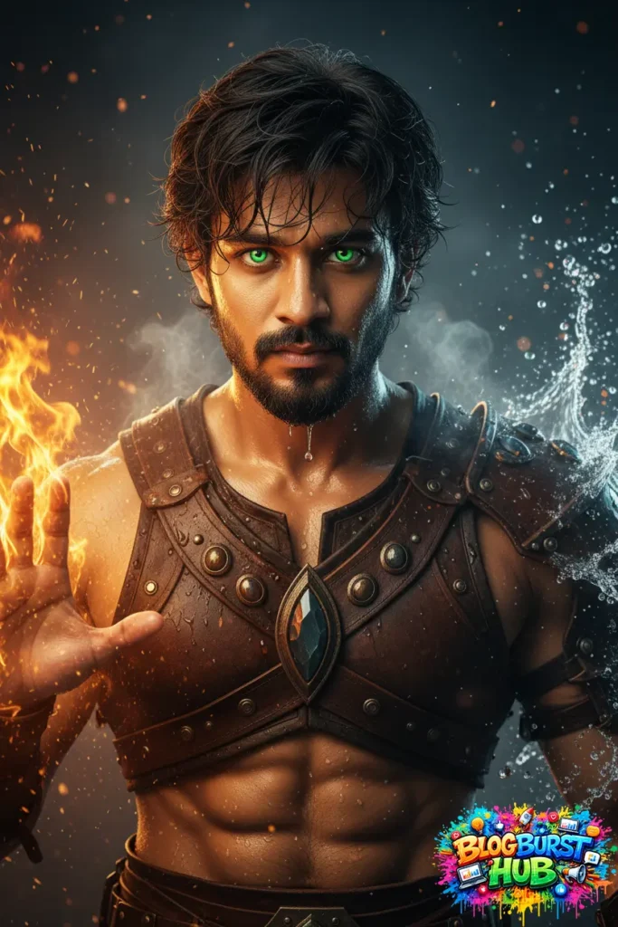 warrior controlling fire in one hand and water in the other with glowing green eyes