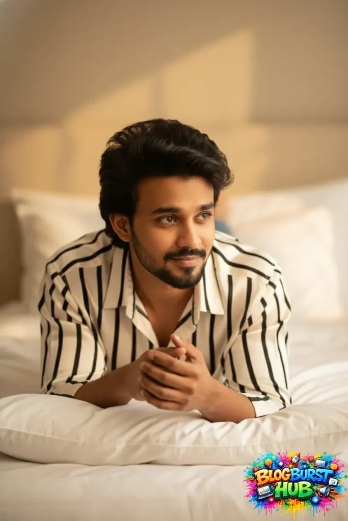 AI bedroom portrait man lying on bed relaxed pose soft lighting aesthetic lifestyle