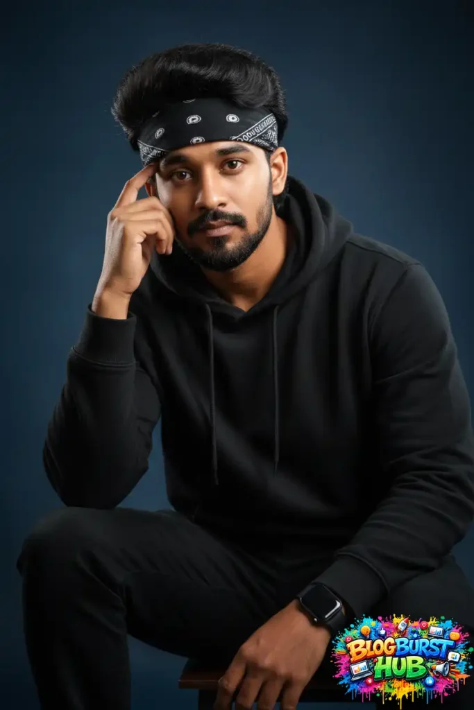AI portrait man wearing black hoodie bandana dark background studio lighting dramatic