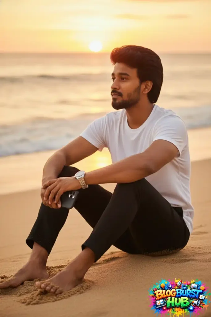AI generated beach sunset portrait man sitting sand golden hour peaceful mood