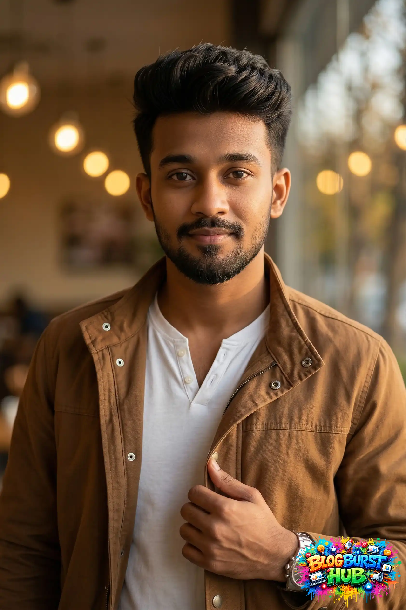 AI generated portrait man in cafe warm lighting bokeh background realistic lifestyle image