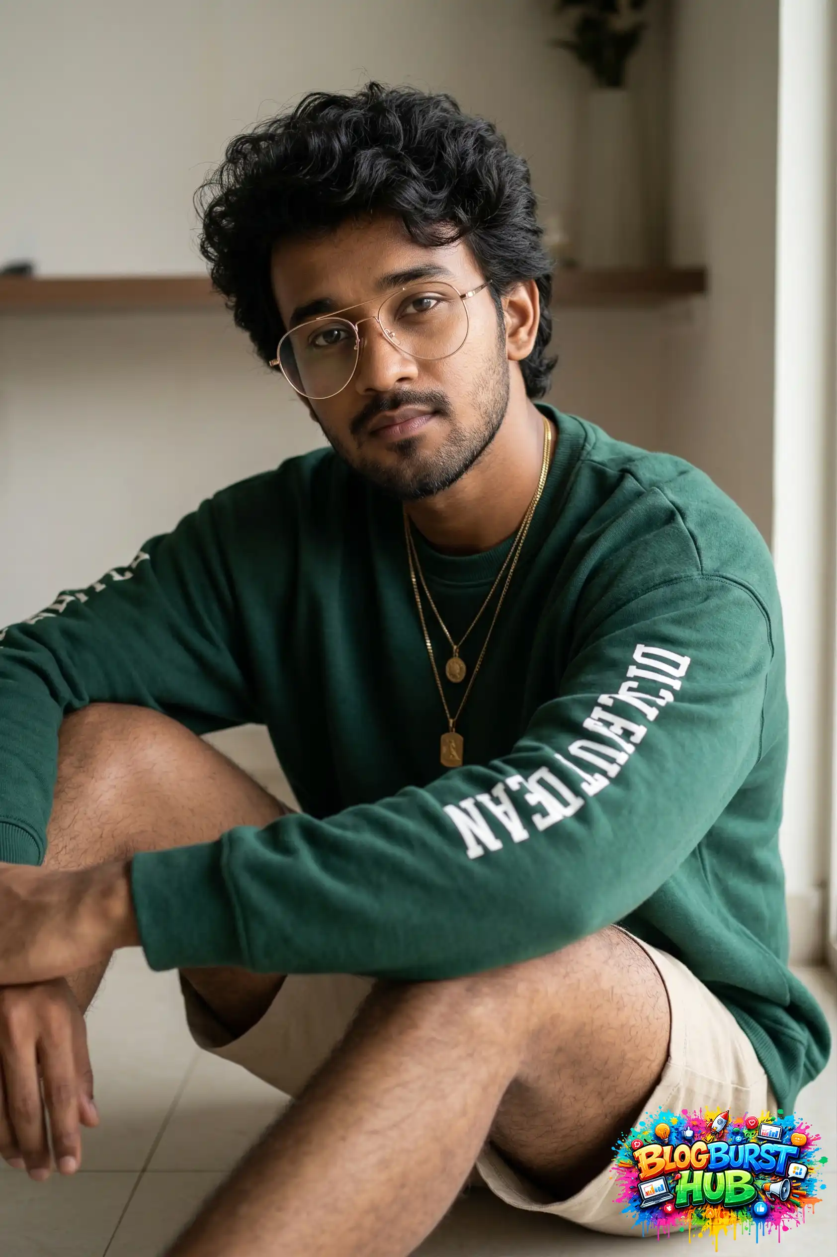 AI generated indoor portrait man sitting wearing green sweatshirt natural light soft tones