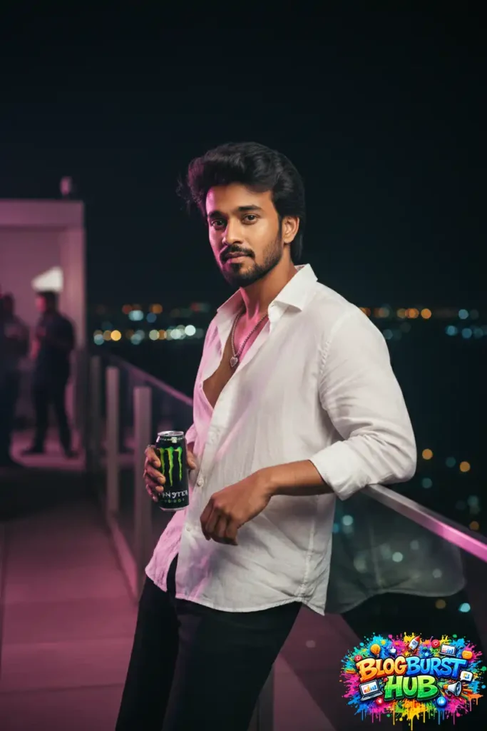 AI night portrait man standing balcony neon lighting city background cinematic style