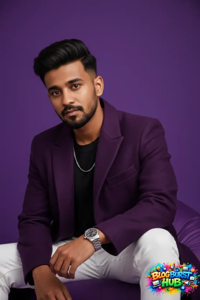 AI generated portrait man wearing purple blazer studio background clean lighting photorealistic