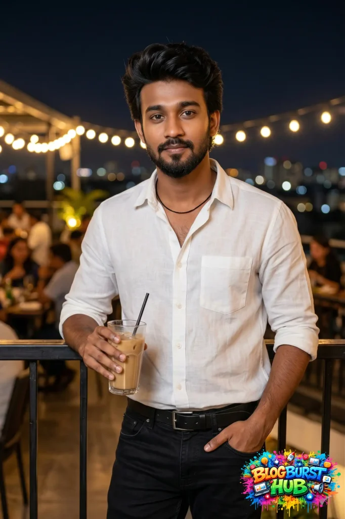 AI photo prompt man holding drink night cafe lights bokeh background realistic portrait