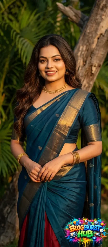 Woman in blue saree outdoor golden hour lighting photoshoot