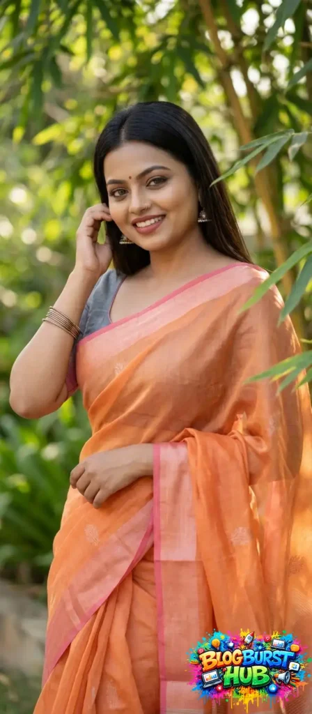 Woman wearing casual orange saree outdoor natural light photoshoot