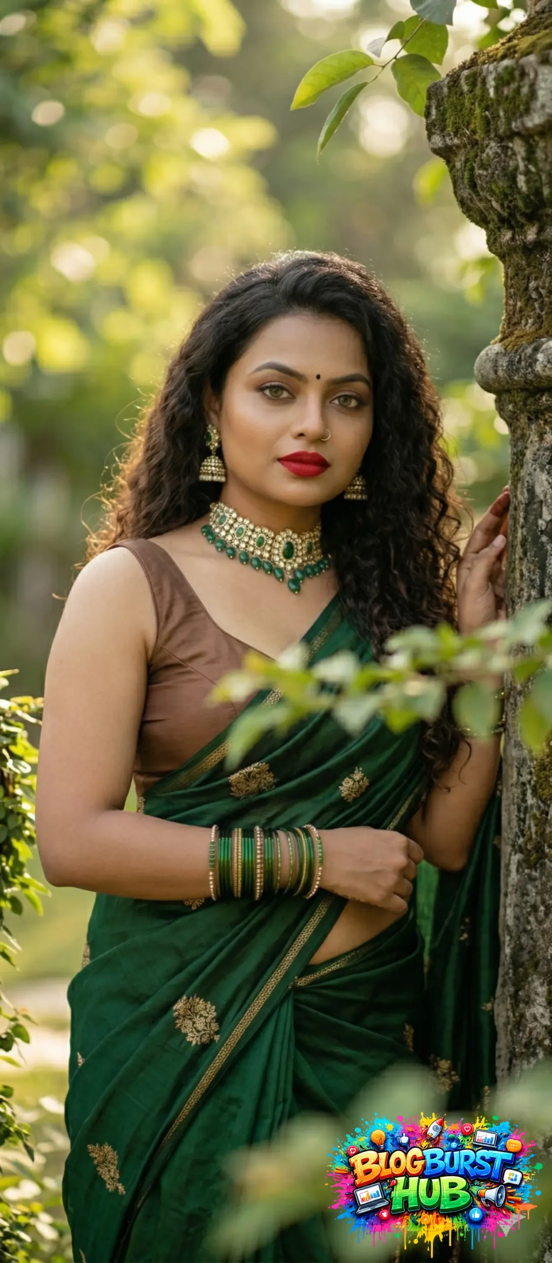 Woman in green saree bold makeup outdoor fashion photoshoot