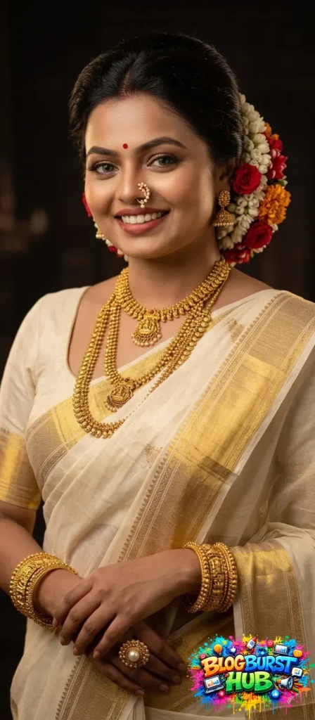 Woman wearing Kerala saree with gold jewelry traditional look