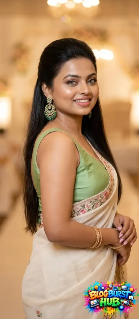 Woman in party wear saree with green blouse indoor saree photoshoot
