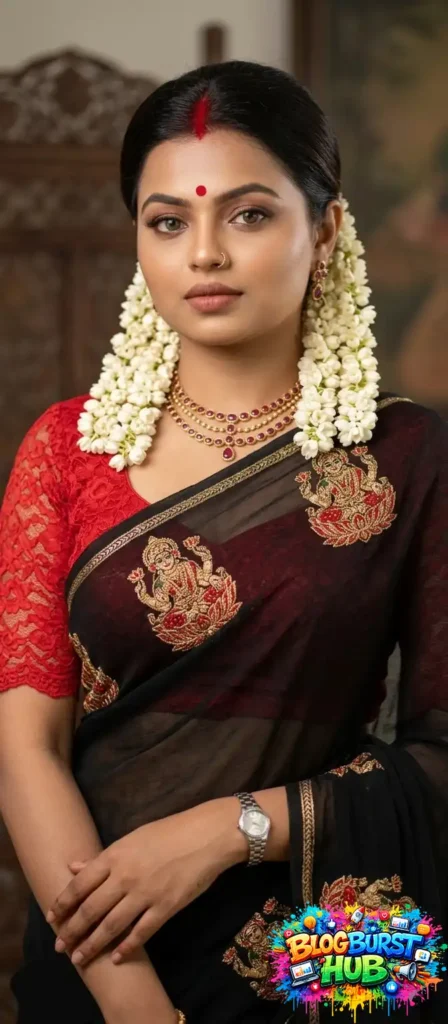 Woman in black saree with jasmine flowers bridal look