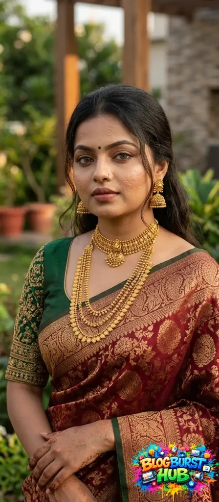 Woman in traditional saree with temple jewelry outdoor photoshoot