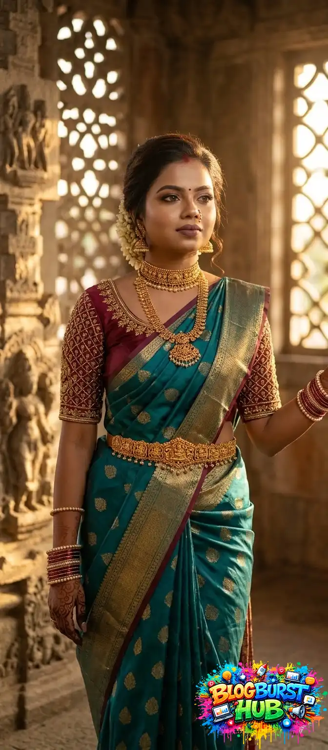 Woman in green silk saree temple photoshoot traditional jewelry