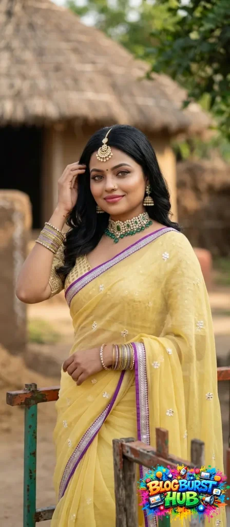 Woman in yellow saree village background traditional photoshoot