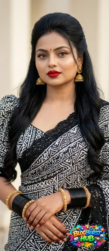 Woman wearing black printed saree with geometric patterns and gold bangles