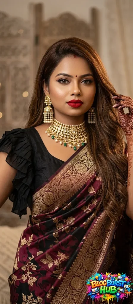 Woman wearing burgundy and black Banarasi saree with heavy gold jewelry
