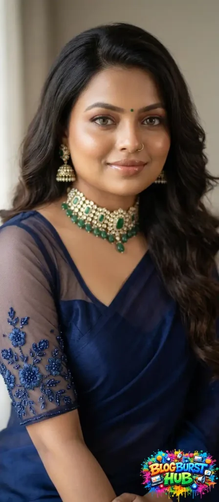 Woman in navy blue saree with sheer sleeves and emerald choker necklace