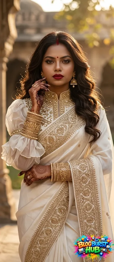 Woman in ivory saree with gold embroidery posing in heritage location