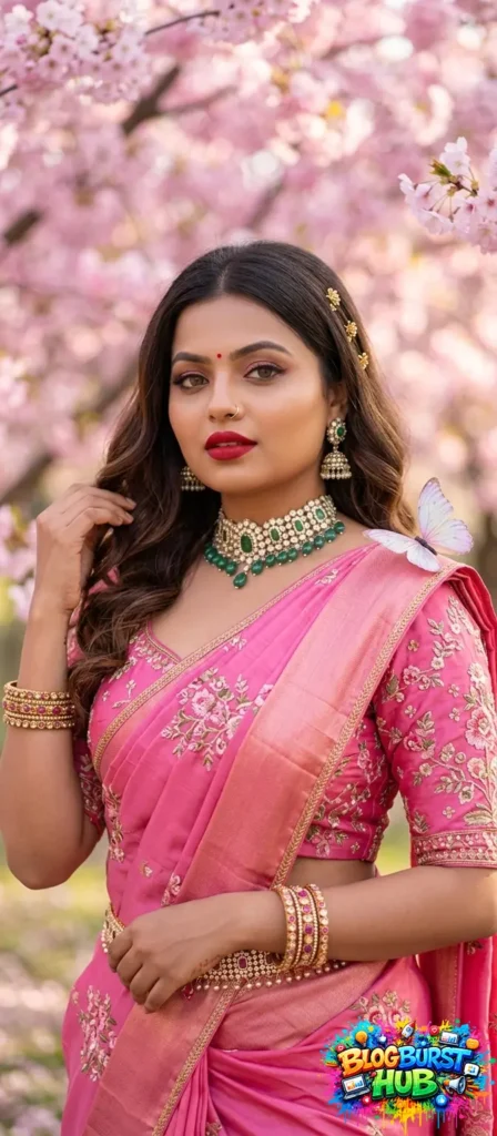 Woman in pink embroidered saree posing in garden with flowers