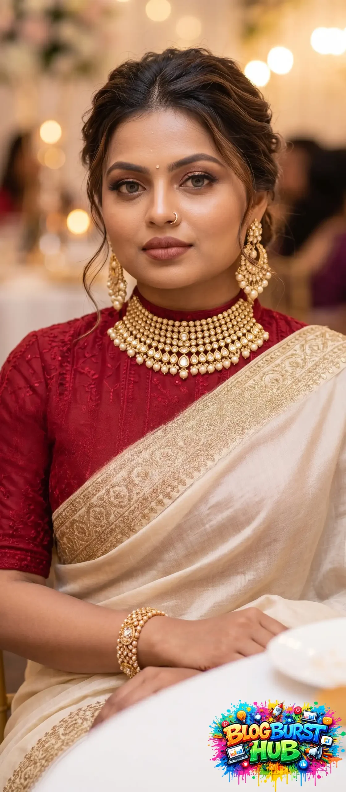 Woman wearing cream saree with red blouse and heavy gold jewelry at event