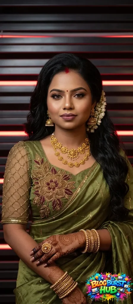 Woman in olive green embroidered saree with gold jewelry in studio lighting