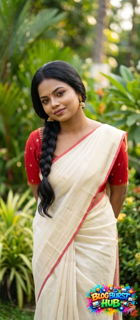 Woman in cream saree with red blouse posing in garden setting