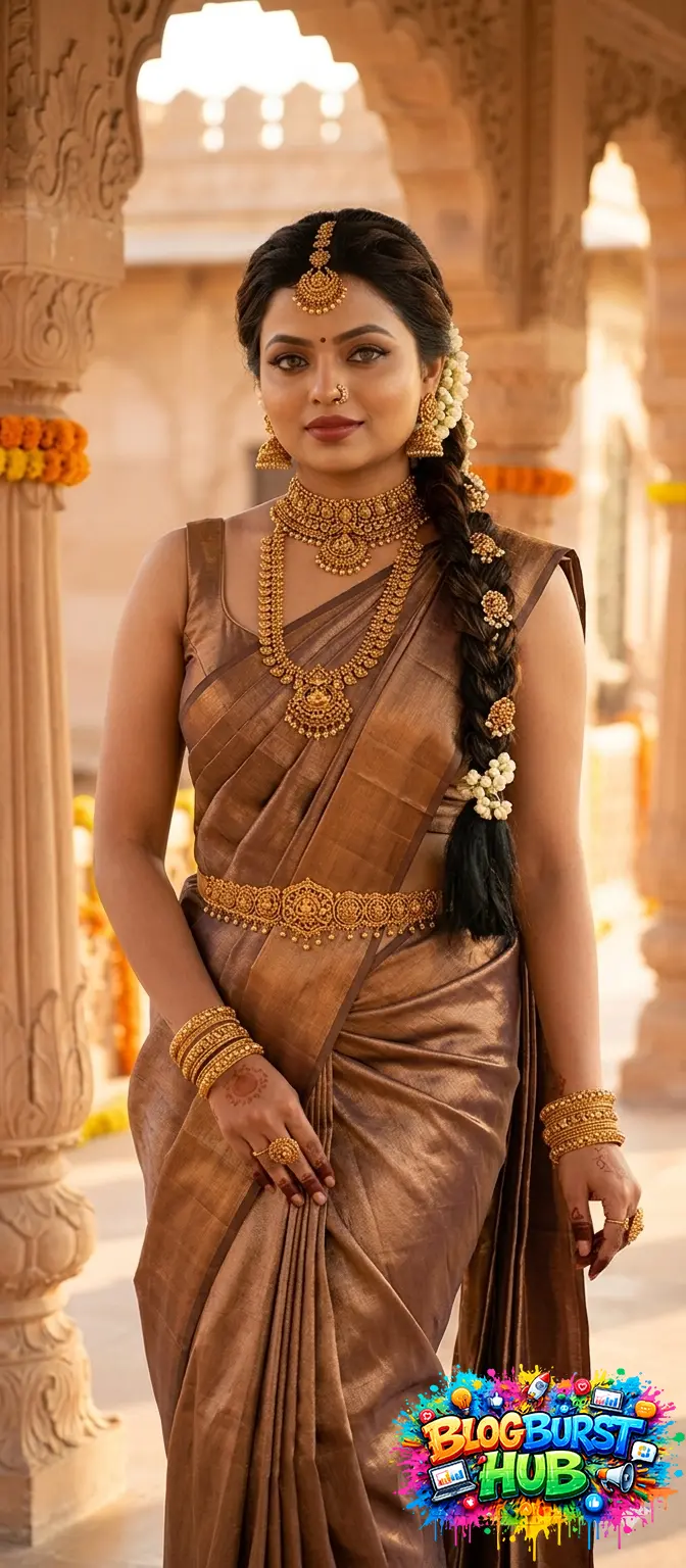 Bride wearing copper silk saree with antique gold jewelry wedding look