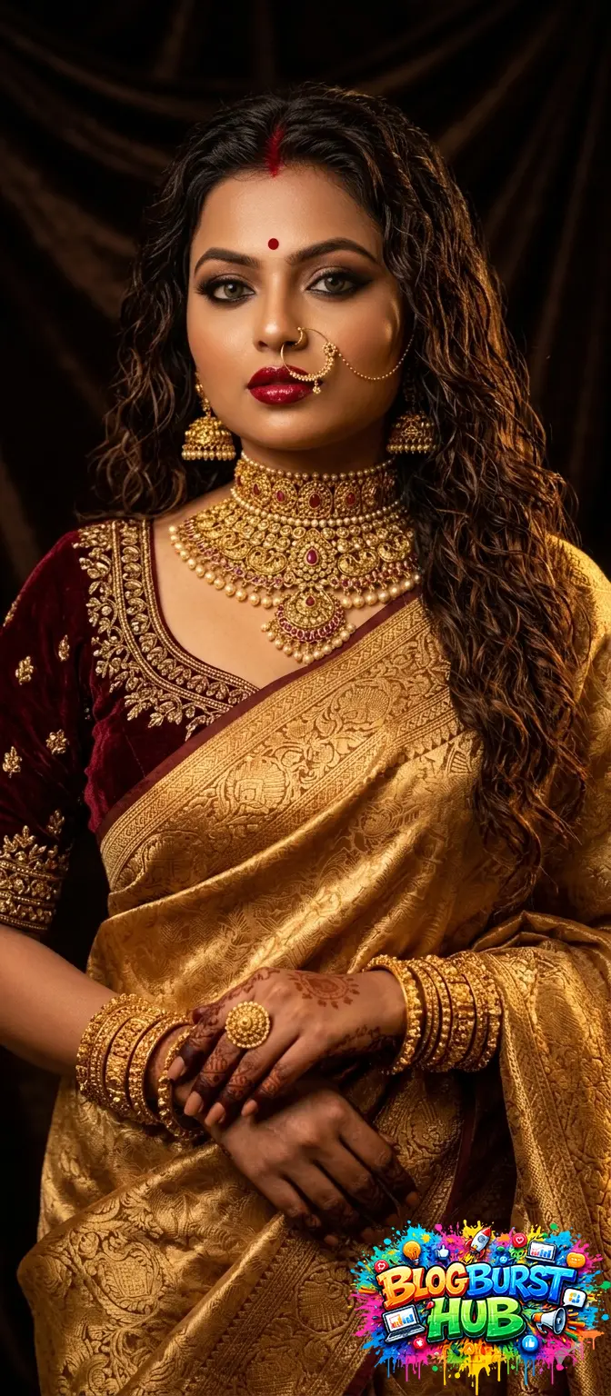 Bride in golden silk saree with heavy gold jewelry royal bridal look
