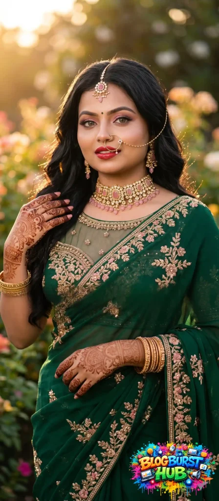 Bride wearing dark green embroidered saree with bridal jewelry