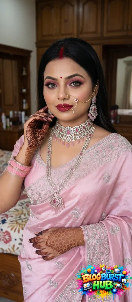 Bride wearing pastel pink saree with heavy necklace and bridal makeup